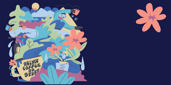 Banner image shows a colorful illustration of some characters drinking coffee and playing outdoors, juxtaposed against a navy background with bright orange flowers.