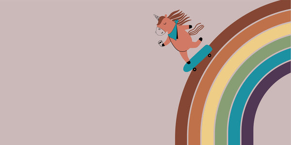 Illustration of a horse on a skateboard with a rainbow below on a beige background