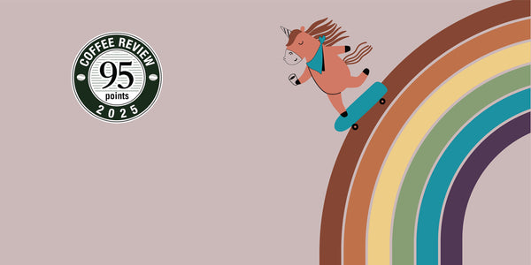 Illustration of a horse on a rainbow with a coffee review badge on a beige background