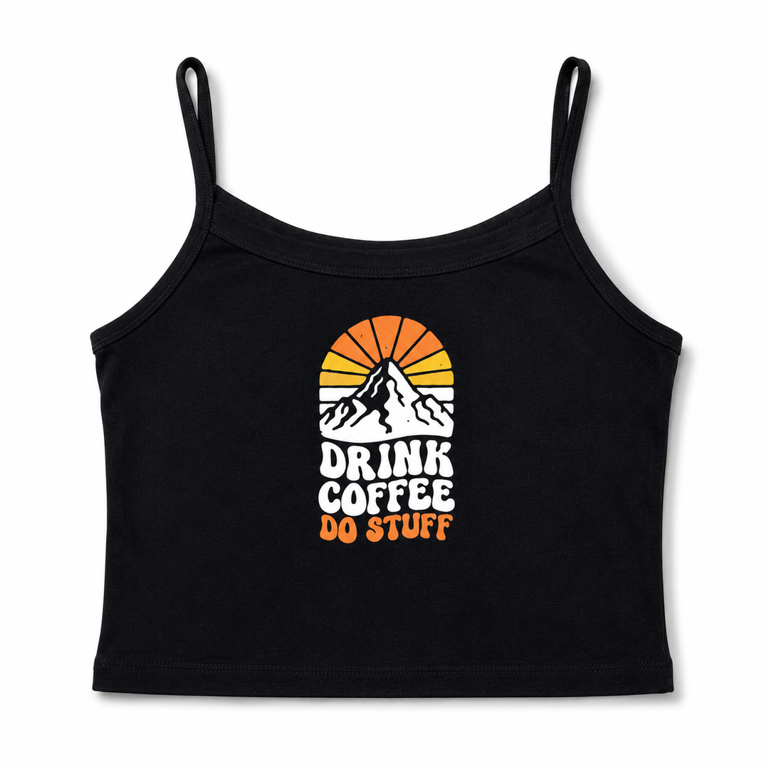 Blank spaghetti strap tank with white and orange retro graphic on the front set against white background.
