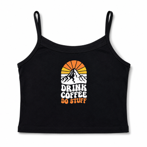 Blank spaghetti strap tank with white and orange retro graphic on the front set against white background.