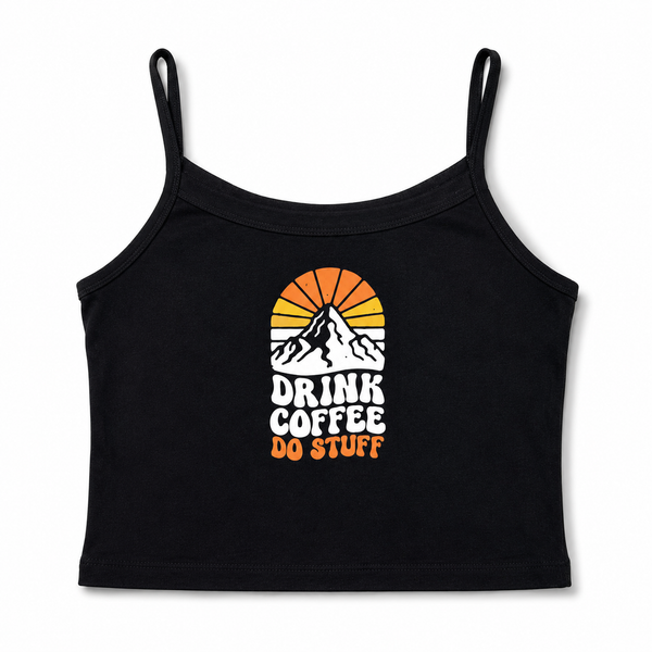 Blank spaghetti strap tank with white and orange retro graphic on the front set against white background.
