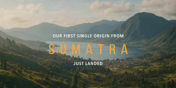 Scenic landscape with mountains and a lake, overlaid with text about a new single origin from Sumatra.