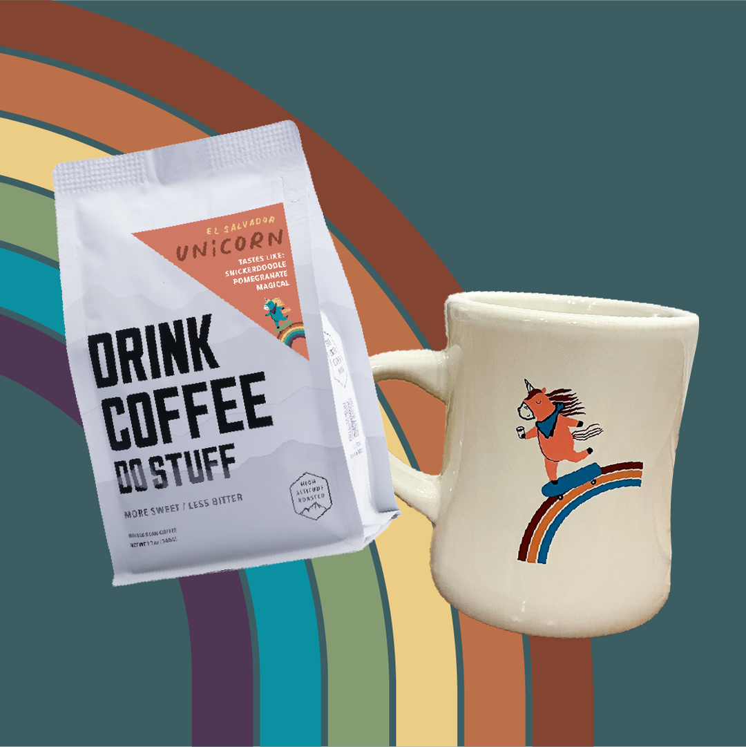 Coffee bag and mug with unicorn design on a colorful background