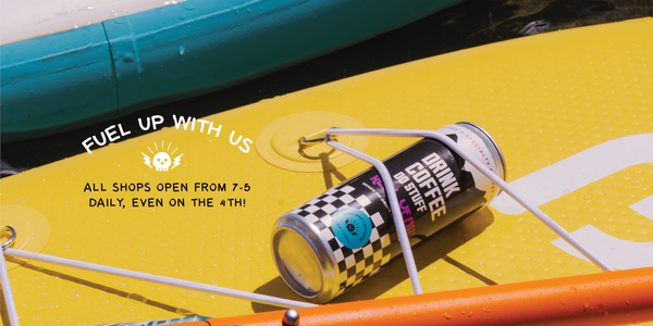 Can of coffee on a yellow surface with promotional text